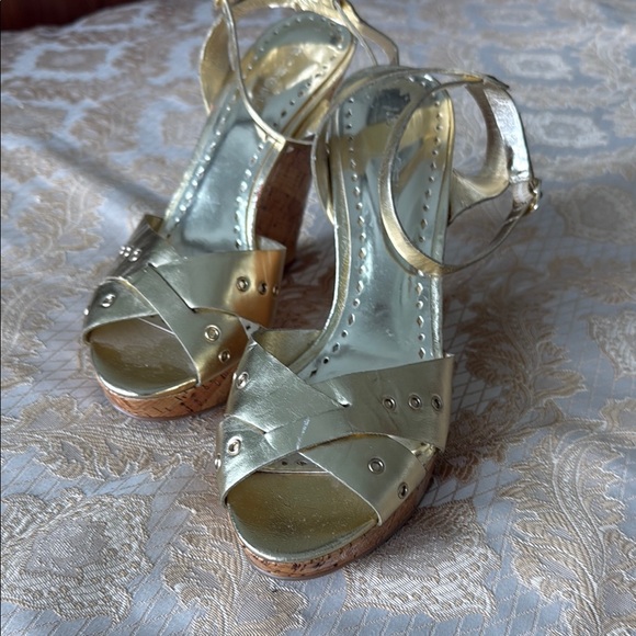 BCBG Gold Heels with Strappy Design and Medium Heel - Picture 1 of 7
